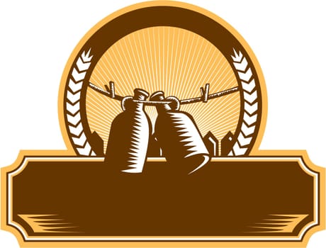 Illustration of a growler, a glass, ceramic, or stainless steel jug used to transport draft beer in the United States hanging on a clothesline set inside circle with picket fence and sunburst in the background done in retro woodcut style.