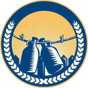 Illustration of a growler, a glass, ceramic, or stainless steel jug used to transport draft beer in the United States hanging on a clothesline set inside circle with picket fence and sunburst in the background done in retro woodcut style.