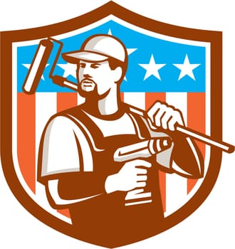 Illustration of a handyman with beard moustache facial hair holding paint roller on shoulder and cordless drill looking to the side set inside shield crest with usa flag stars and stripes in the background done in retro style.