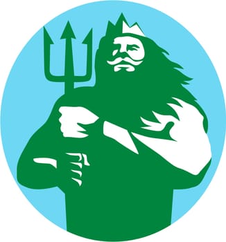 Illustration of triton mythological god holding trident viewed from front set inside circle on isolated background done in retro style.