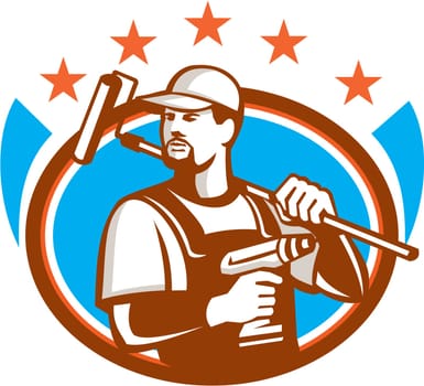 Illustration of a handyman with beard moustache facial hair holding paint roller on shoulder and cordless drill looking to the side set inside oval shape with stars on isolated background done in retro style.