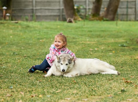 The little baby girl playing with dog against green grass in park