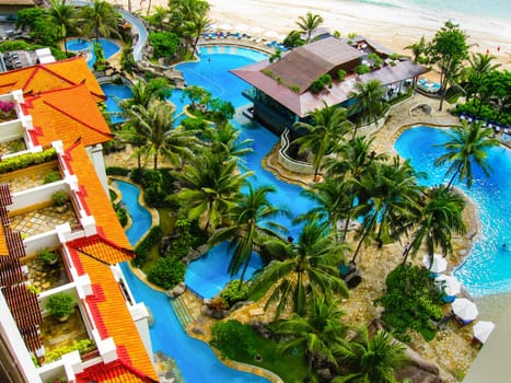 The top view of luxury tropical hotel resort with pool