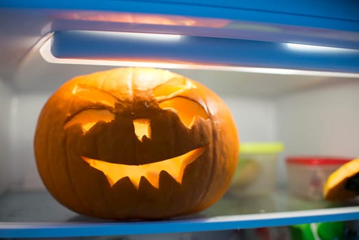 halloween pumpkin in the fridge