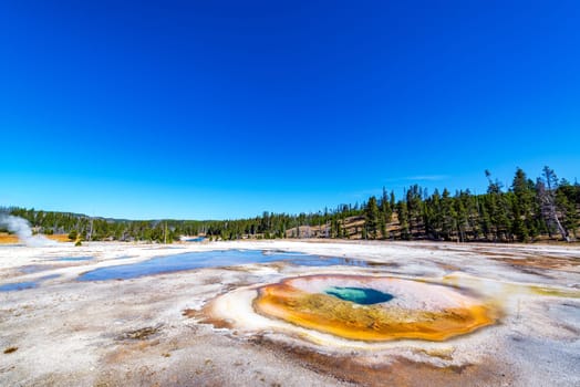 Wide angle view of Chromatic Pool in Yellowstone National Park