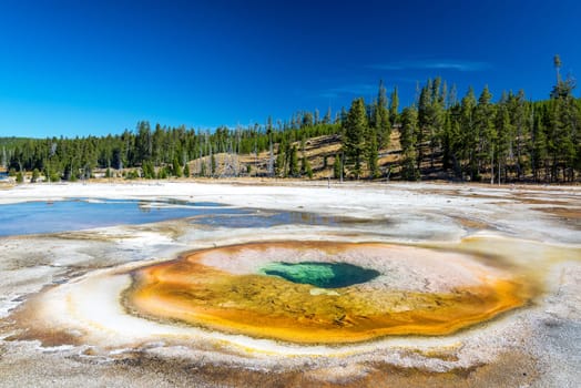 Landscape view of the Chromatic Pool in Upper Geyser Basin in Yellowstone National Park