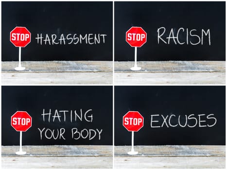 Photo collage of STOP messages written on chalkboard. Mini STOP sign over chalkboard background and table, concept images