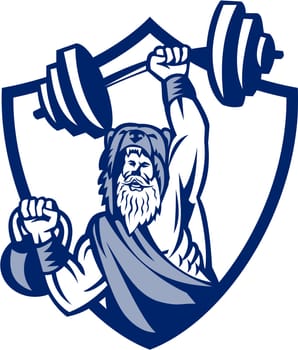 Illustration of a berserker, a champion Norse warrior wearing pelt of bear skin lifting barbell and kettlebell viewed from front set inside shield crest on isolated background done in retro style.