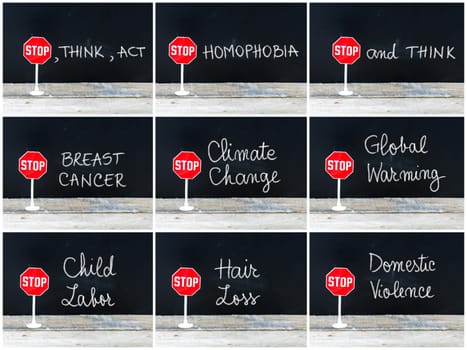 Photo collage of STOP messages written on chalkboard. Mini STOP sign over chalkboard background and table, concept images