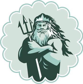 Illustration of triton mythological god arms crossed holding trident viewed from front set inside rosette on isolated background done in retro style.