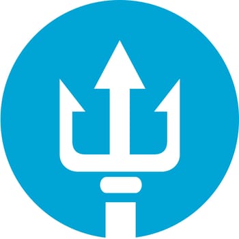 Icon illustration of a trident, three-pronged spear set inside circle on isolated background.