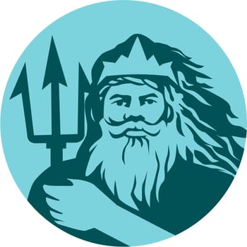 Illustration of triton mythological god holding trident viewed from front set inside circle on isolated background done in retro style.