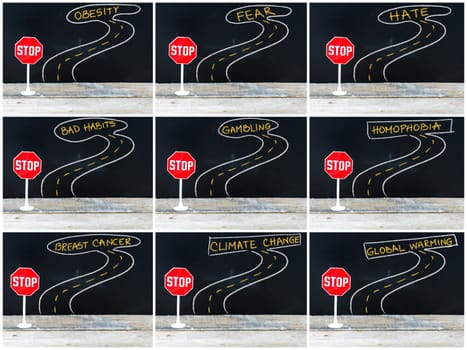 Photo collage of STOP signs on the road to OBESITY, FEAR, HATE, BAD HABITS, GAMBLING, HOMOPHOBIA, BREAST CANCER, CLIMATE CHANGE, GLOBAL WARMING. Hand drawing over chalkboard