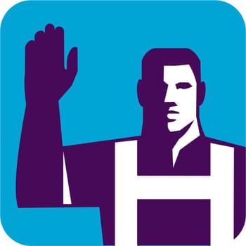 Illustration of a worker raising right arm to vote viewed from front set inside square shape done in retro style.