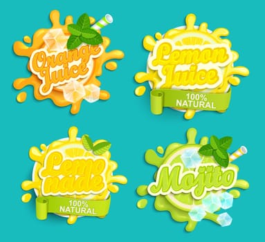 Set of Lemonade, orange, lemon juice, mojito labels splash. Lettering, splash and blot design, shape creative vector illustration.