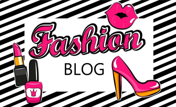 Template for fashion blog with stylish patch badges with lips, . Set of fashion stickers, icons, patches in 80s-90s comic cartoon style. Geometric background. Vector illustration.