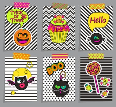 Set of stylish halloween cards, sticers, posters, icons, pins, patches in comic cartoon style on geometric background. Vector illustration.