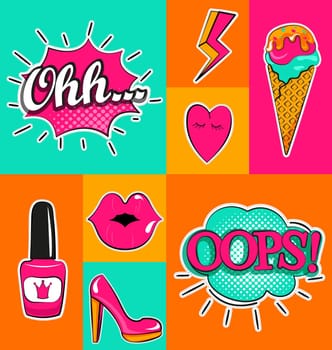 Fashion patch badges with lips, hearts, speech bubbles and other elements. Set of fashion stickers, icons, pins, patches in cartoon 80s-90s comic cartoon style. Vector illustration.