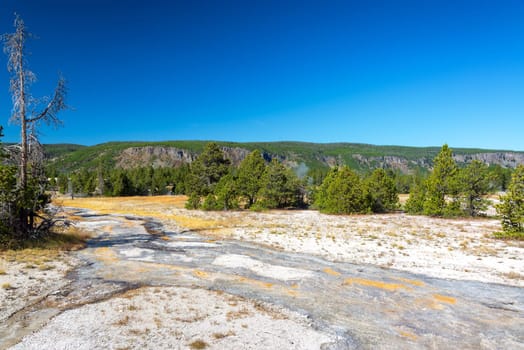 Landscape and view of water runoff from Grand Geyser eruption in Yellowstone National Park