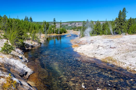 View of the Firehole River and the Mortar Geyser in Yellowstone National Park