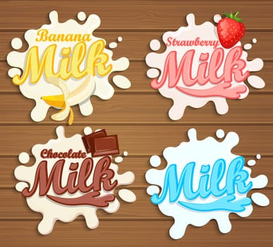 Chocolate, Banana, Strawberry milk labels splash. Blot and lettering on a wooden background. Vector illustration.