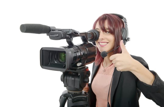a beautiful young woman with a professional video camera and headphone