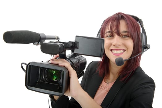 a beautiful young woman with a professional video camera and headphone