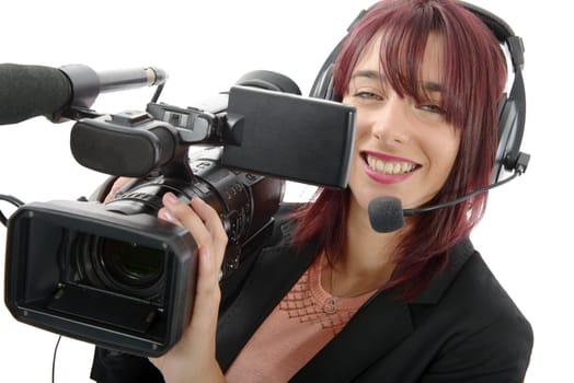 a beautiful young woman with a professional video camera and headphone
