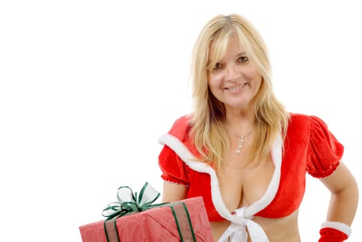 beautiful Santa woman holding a gift box