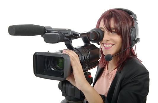 a beautiful young woman with a professional video camera and headphone