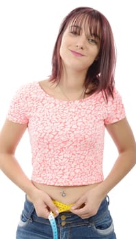 young woman measuring her waist on white background