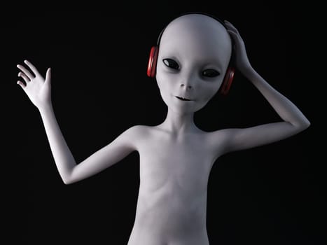 An alien from outer space listening to music in the headphones he's wearing, 3D rendering. Black background.