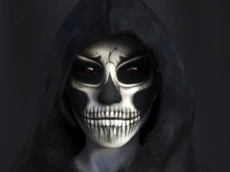 Portrait of the reaper dressed in a black hood, 3D rendering. Dark background.