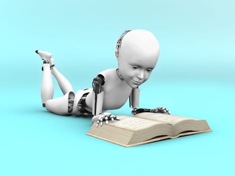 3D rendering of a robot child lying on the floor and reading a book. Bluish background.