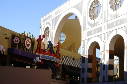 San Diego,United States – December 25,2015: The modern architecture of the Westfield Horton Plaza shopping center with a sports store on December 25,2015 in San Diego.