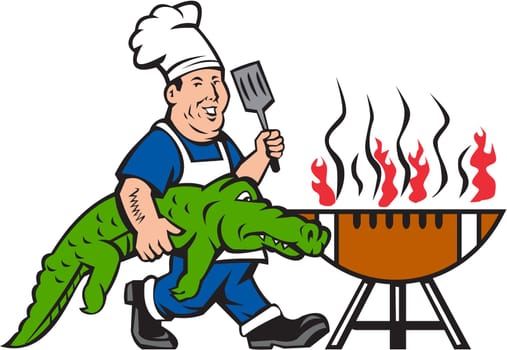 Illustration of a chef smiling carrying alligator in one hand and holding spatula in the other hand cooking with bbq grill viewed from front set on isolated white background done in cartoon style.