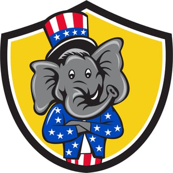 Illustration of an American Republican GOP elephant mascot arms crossed wearing usa stars and stripes top hat and suit viewed from front set inside shield crest on isolated background done in cartoon style.