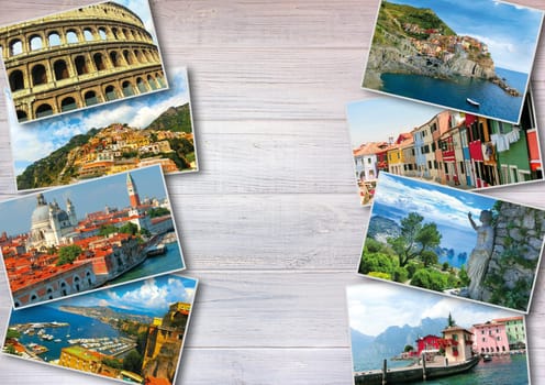 The collage from photos of Italy on white wooden background