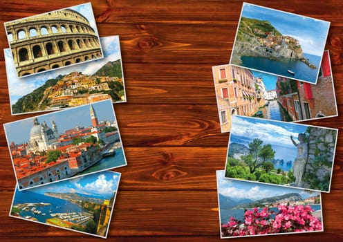 The collage from photos of Italy on wooden background