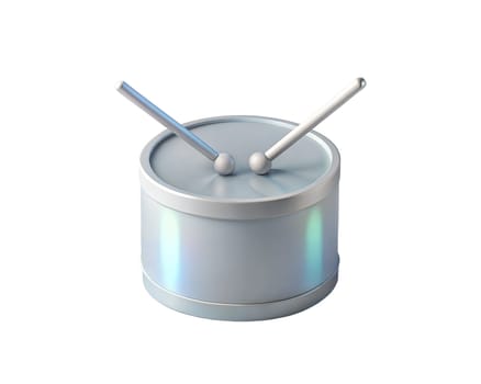 A holographic 3D rendering of a drum with two drumsticks, featuring a shiny, metallic surface with a gradient effect. The minimalist design features a clean, modern look with smooth, sleek textures.