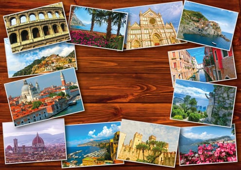 The collage from photos of Italy on wooden background
