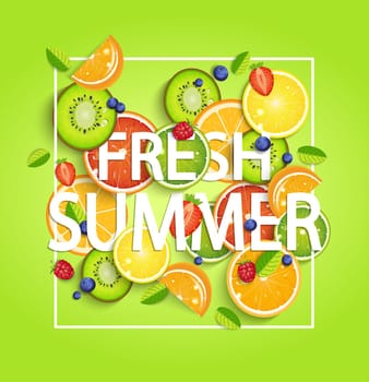 Summer background with tropical fruits and berries, square frame and the lettering fresh summer. Vector illustration.