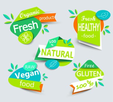Modern vector set of healthy organic food labels, tags, emblems, logo for meal and drink,cafe, restaurants and organic products packaging.Vector illustrated.