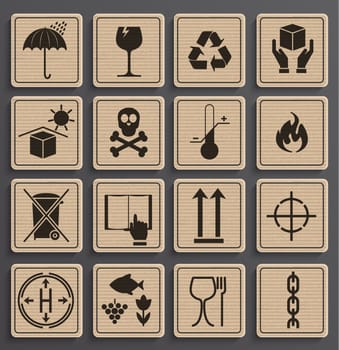 Set Of Packaging Symbols in a paper official style. Icon set including waste recycling, fragile, this side up, handle with care, keep dry and other caution handling symbols. Vector illustration.