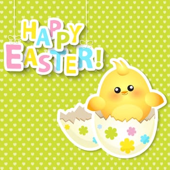 Happy Easter Greeting Card with Cartoon Egg and chicken on the colorful background, vector.