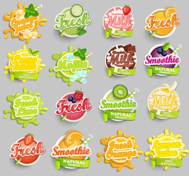 Big set of chocolate, banana, strawberry milk, orange, lemon, lime juece,smoothie and fresh labels splash. Lettering, splash and blot design, shape creative vector illustration.