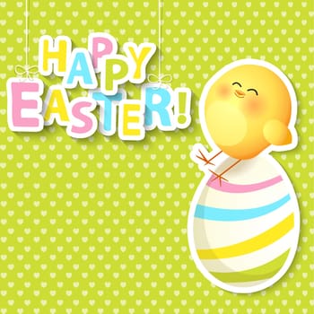 Happy Easter Greeting Card with Cartoon Egg and chicken on the colorful background, vector illustration.