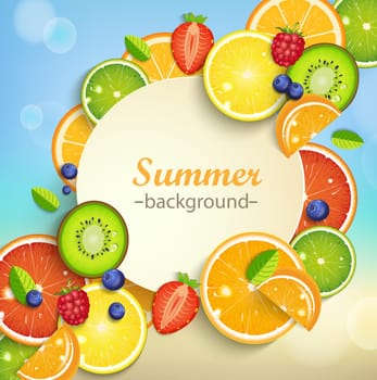 Summer background with tropical fruits and berries and round frame for the text. Vector illustration.