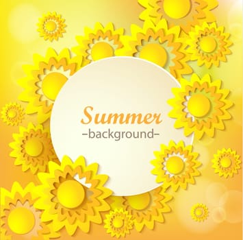 Abstract yellow Floral Greeting card - background with paper cut Frame sunflowers. Trendy Design Template. Vector illustration. Floral trendy backdrop with orange, yellow summer flowers.