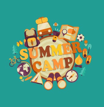 Summer Holiday and Travel themed Summer Camp poster in flat style, vector illustration.